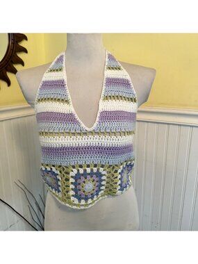 Pretty Garbage Large Knit granny square Crochet halter Cropped Tank Top Pastel